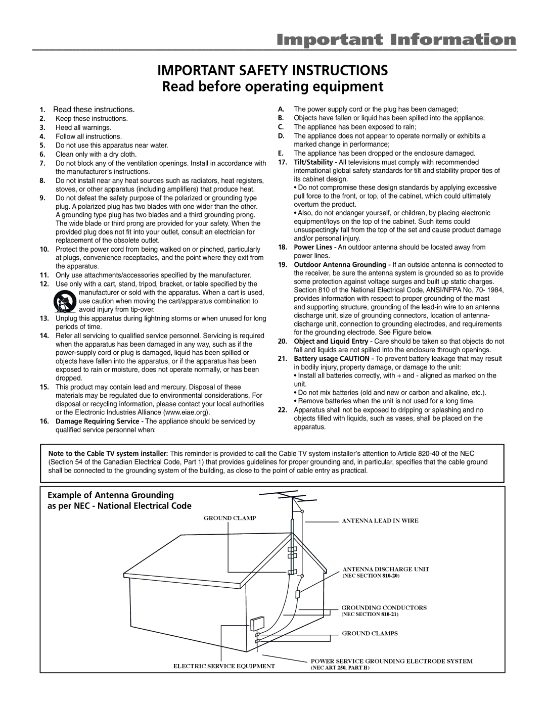 RCA J13804CL manual Important Safety Instructions 