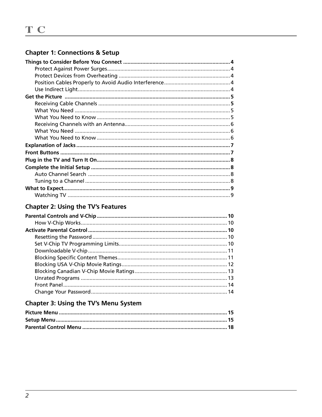 RCA J13804CL manual Table of Contents 