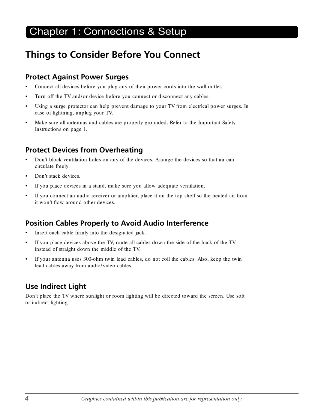 RCA J13804CL manual Things to Consider Before You Connect, Protect Against Power Surges, Protect Devices from Overheating 