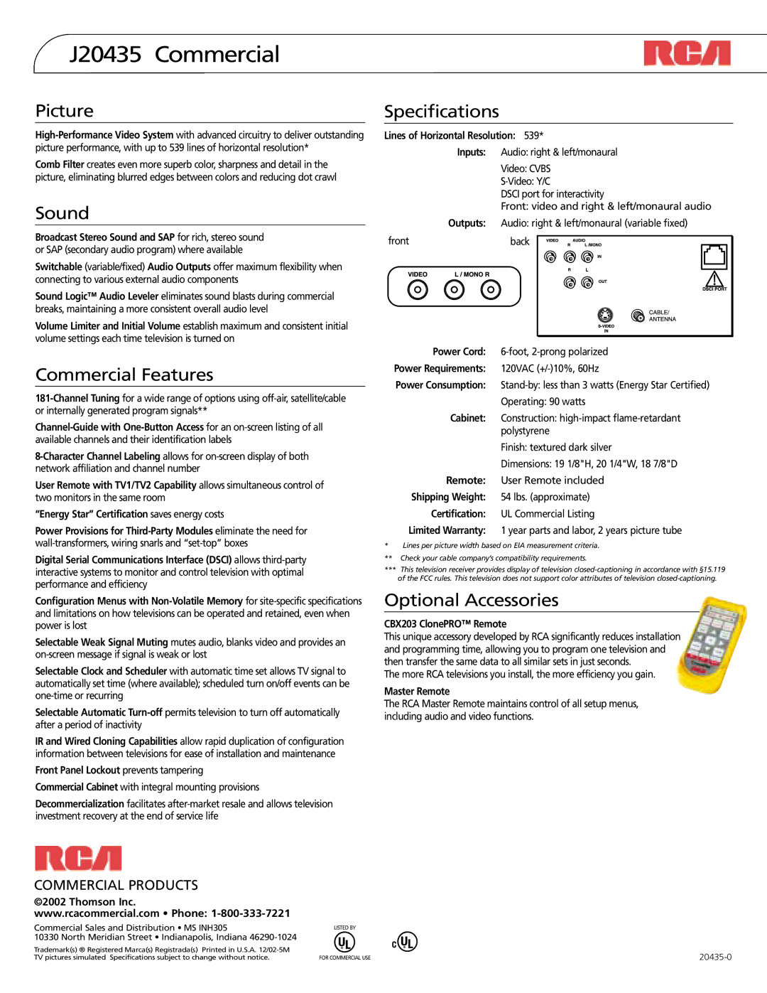 RCA J20435 manual Picture, Sound, Commercial Features, Specifications, Optional Accessories 