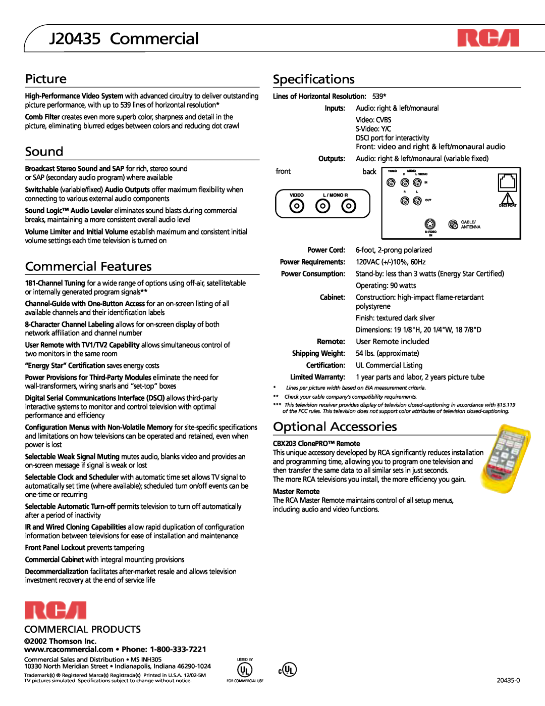 RCA J20435 Commercial, Picture, Sound, Commercial Features, Specifications, Optional Accessories, Commercial Products 