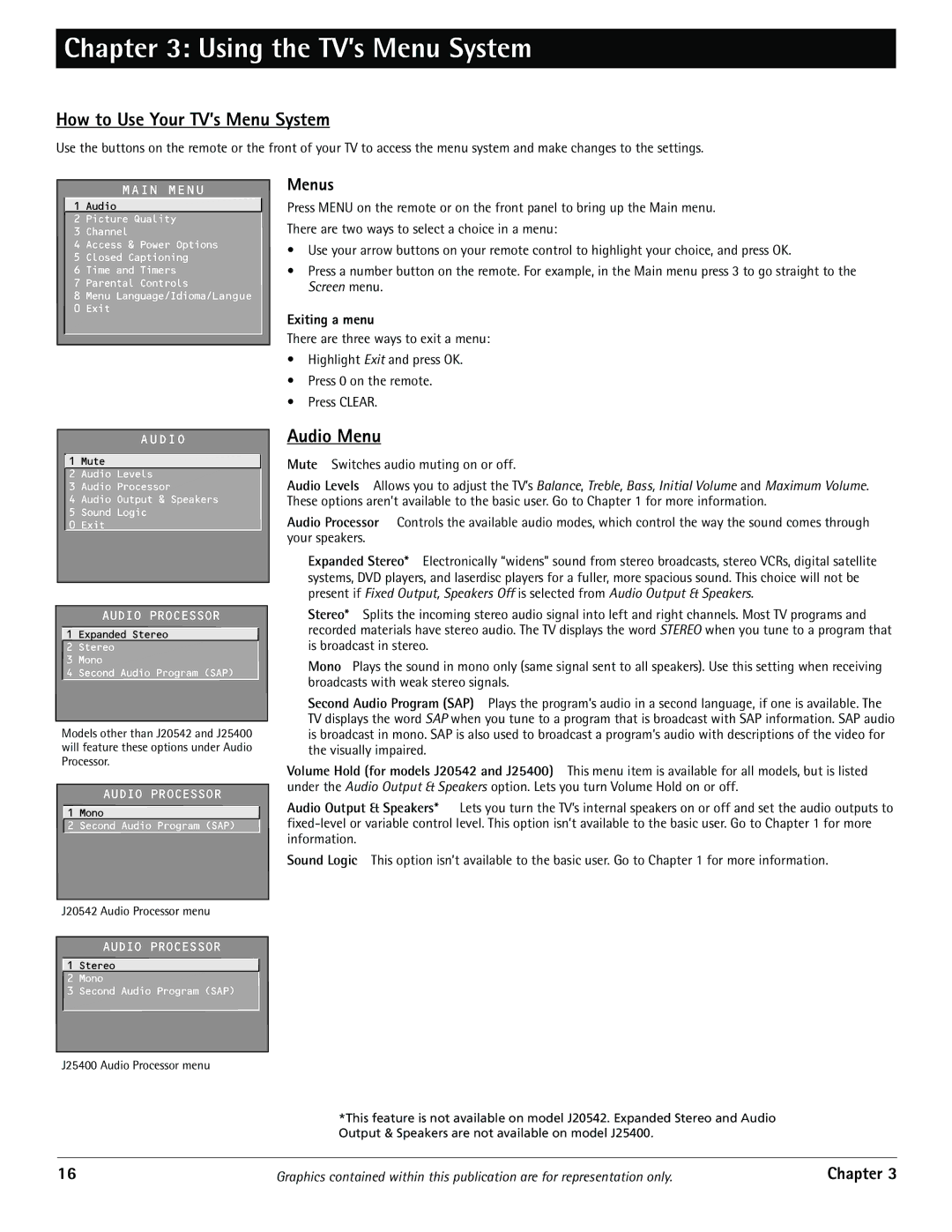 RCA J20542 manual Using the TV’s Menu System, How to Use Your TV’s Menu System, Audio Menu, Menus, Exiting a menu 