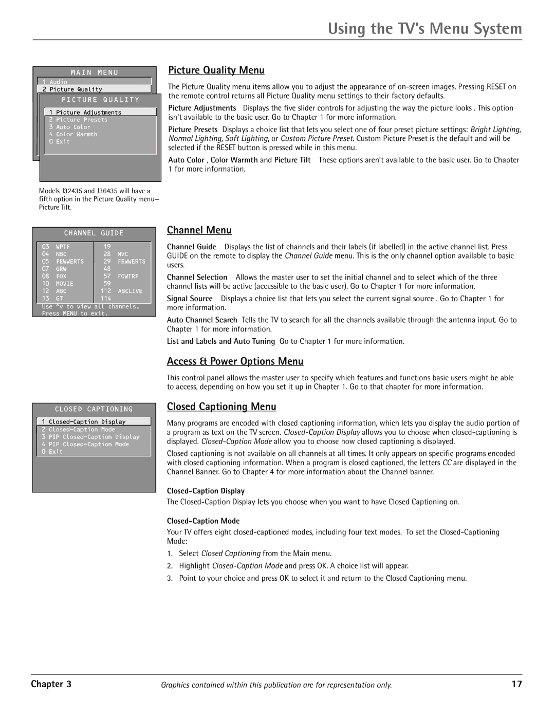 RCA J20542 manual Using the TV’s Menu System, Picture Quality Menu, Channel Menu, Access & Power Options Menu 