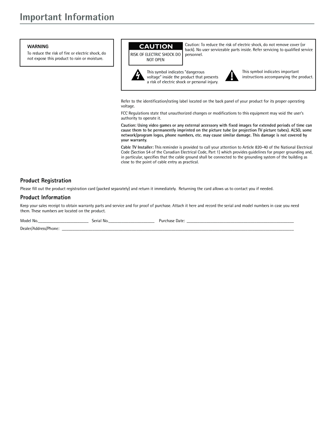 RCA J20542 manual Important Information, Product Registration, Product Information 