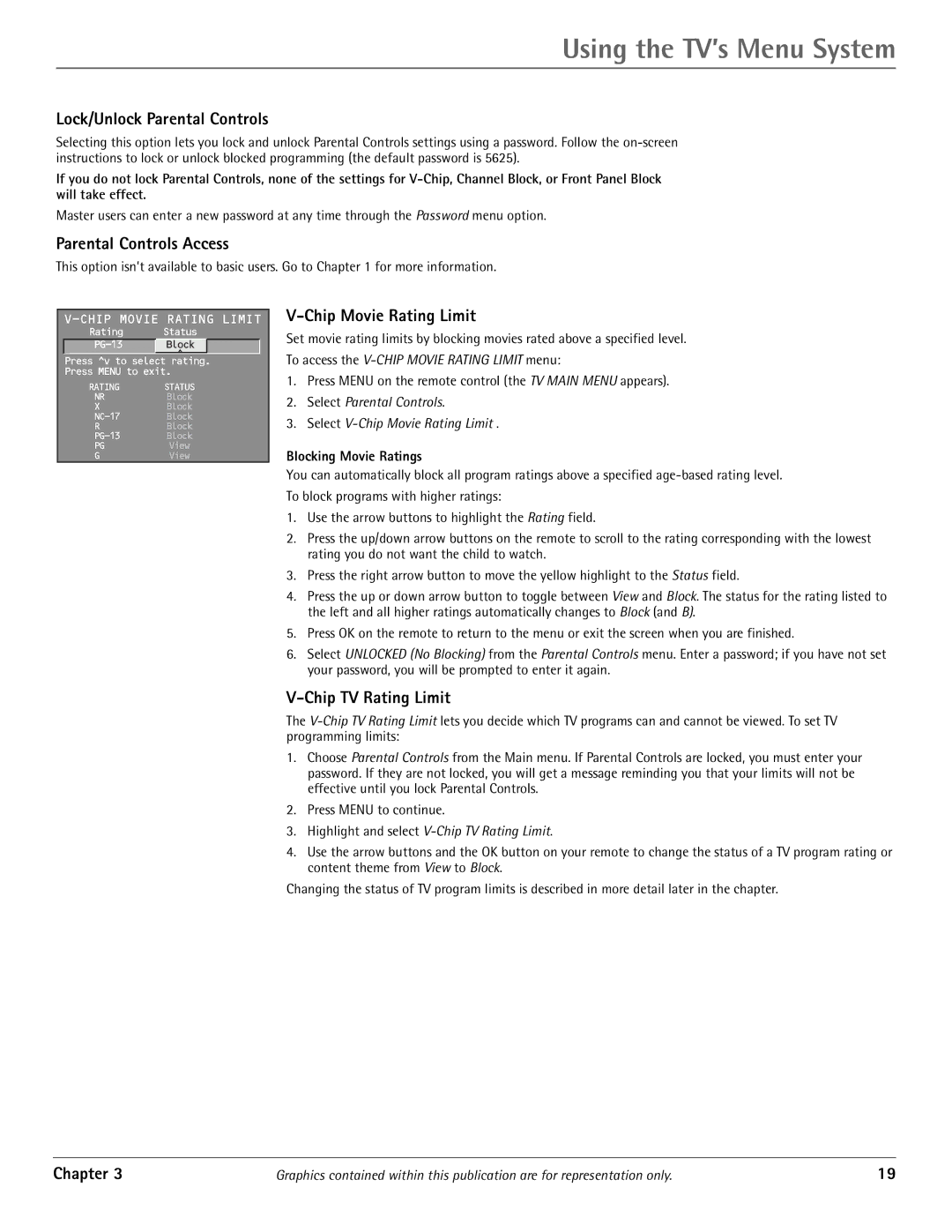 RCA J20542 manual Lock/Unlock Parental Controls, Parental Controls Access, Chip Movie Rating Limit, Chip TV Rating Limit 