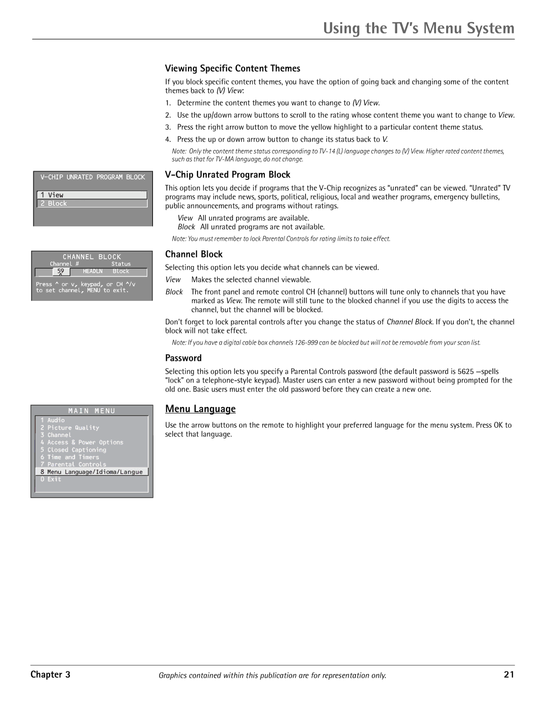 RCA J20542 manual Menu Language, Viewing Specific Content Themes, Chip Unrated Program Block, Channel Block, Password 