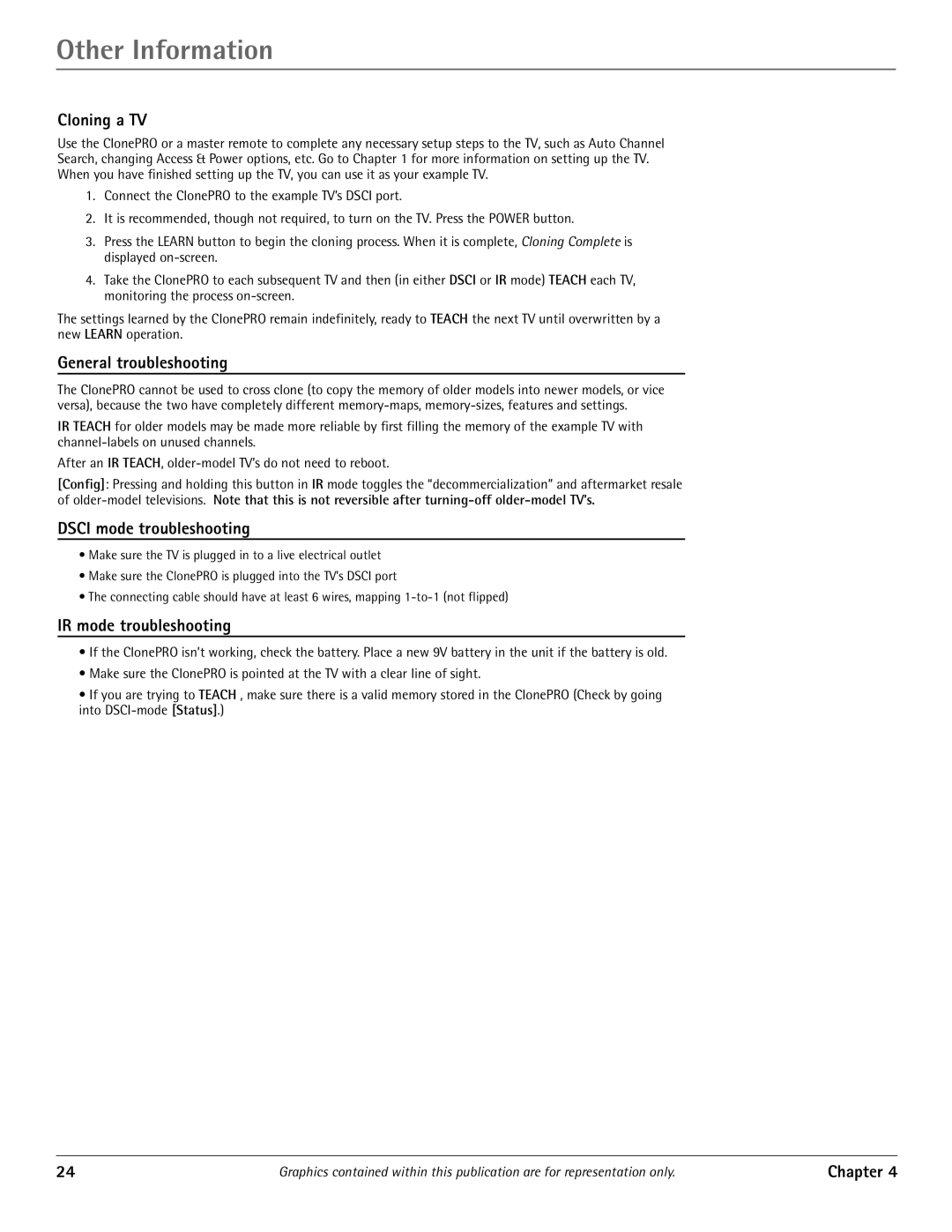 RCA J20542 manual Cloning a TV, General troubleshooting, Dsci mode troubleshooting, IR mode troubleshooting 