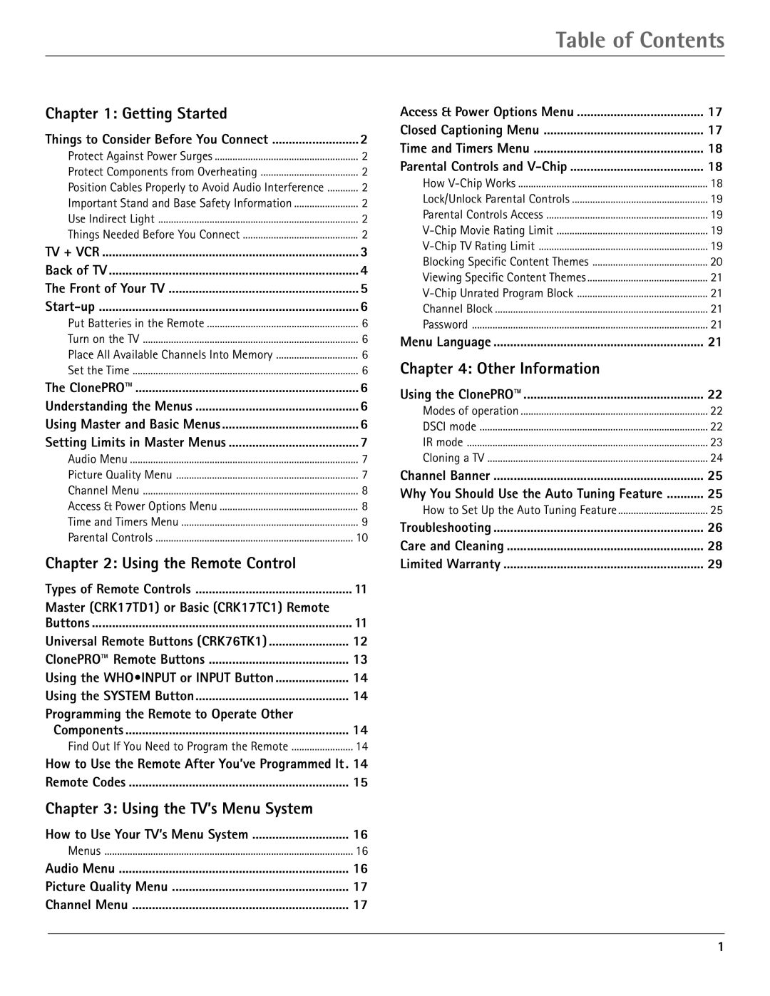 RCA J20542 manual Table of Contents 