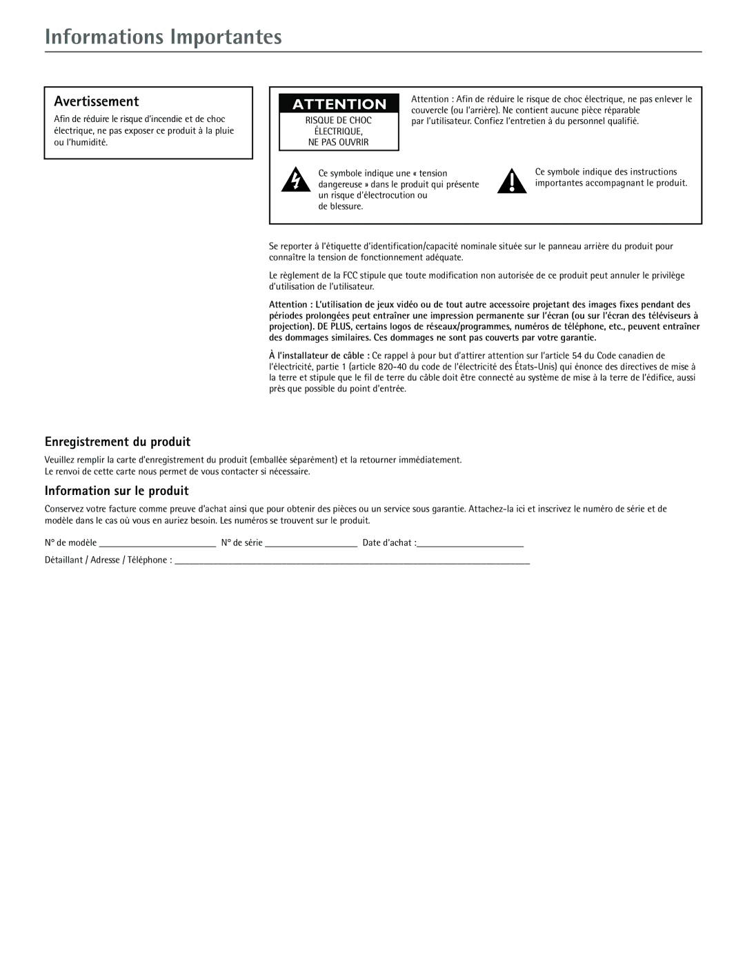 RCA J20542 manual Informations Importantes, Avertissement, Enregistrement du produit, Information sur le produit 