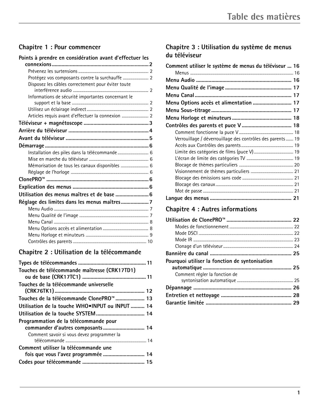 RCA J20542 manual Table des matires, Chapitre 2 Utilisation de la télécommande 