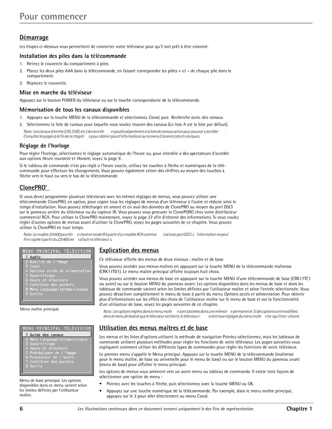 RCA J20542 manual Démarrage, Explication des menus, Utilisation des menus maîtres et de base 