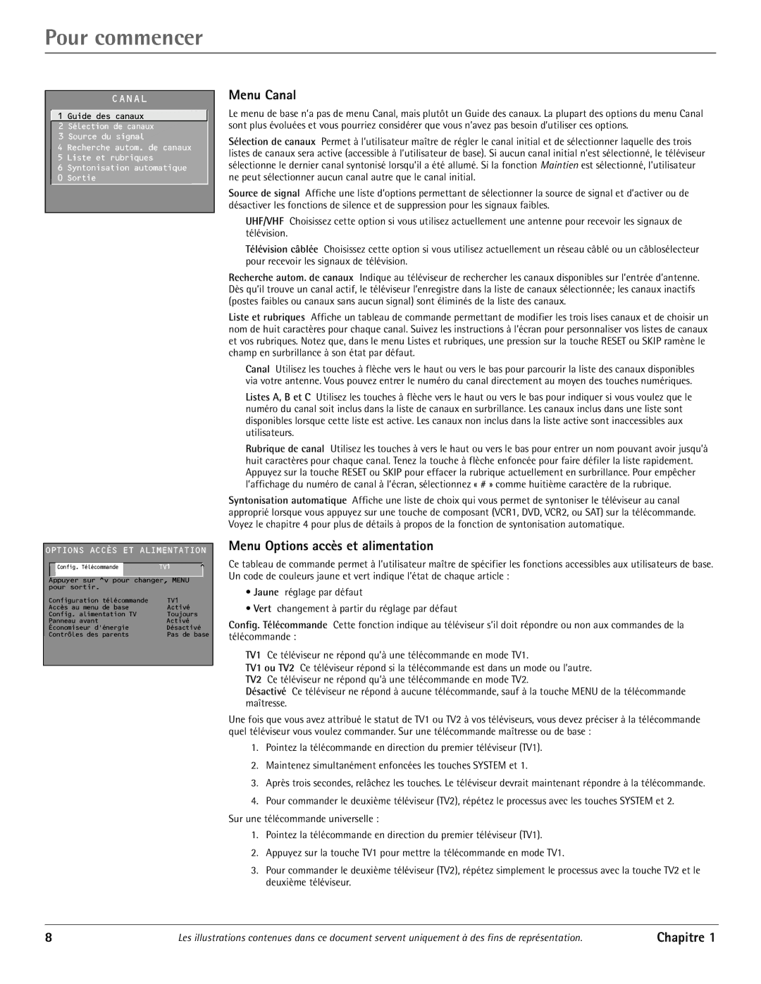 RCA J20542 manual Menu Canal, Menu Options accès et alimentation 