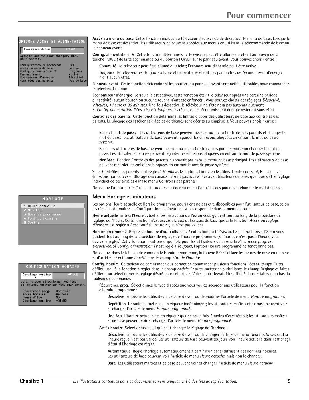 RCA J20542 manual Menu Horloge et minuteurs, Options Accès ET Alimentation, Configuration Horaire 