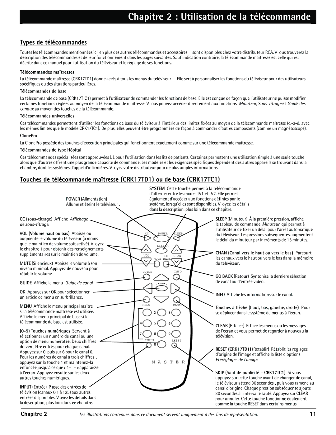 RCA J20542 manual Chapitre 2 Utilisation de la tŽlŽcommande, Types de télécommandes, Télécommandes maîtresses 