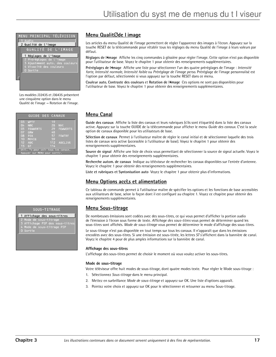 RCA J20542 manual Menu Qualité de l’image, Menu Canal, Menu Options accès et alimentation, Menu Sous-titrage 