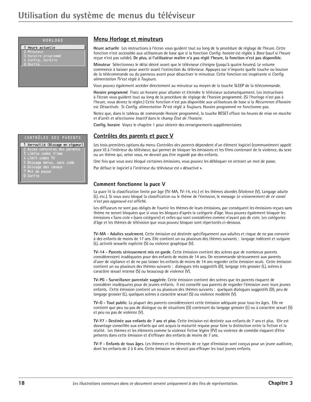 RCA J20542 manual Utilisation du systme de menus du tŽlŽviseur, Menu Horloge et minuteurs, Contrôles des parents et puce 