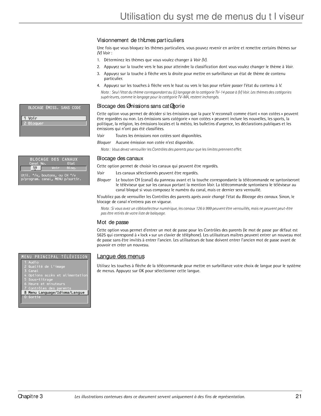 RCA J20542 Langue des menus, Visionnement de thèmes particuliers, Blocage des émissions sans catégorie, Blocage des canaux 