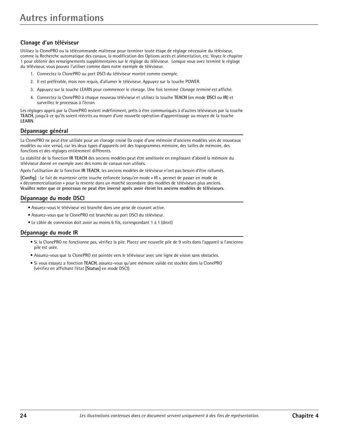 RCA J20542 manual Clonage d’un téléviseur, Dépannage général, Dépannage du mode Dsci, Dépannage du mode IR 