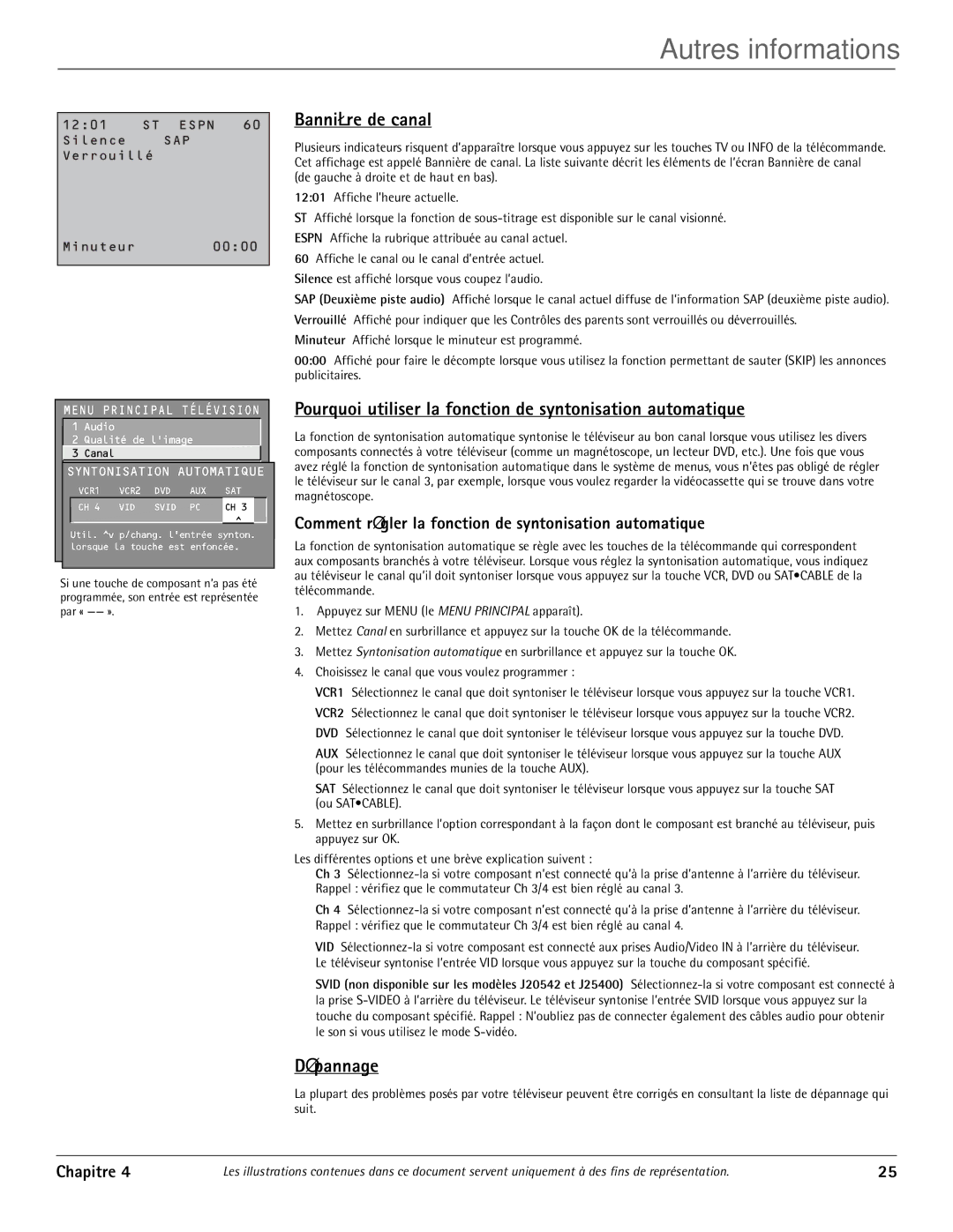 RCA J20542 manual Bannière de canal, Pourquoi utiliser la fonction de syntonisation automatique, Dépannage 