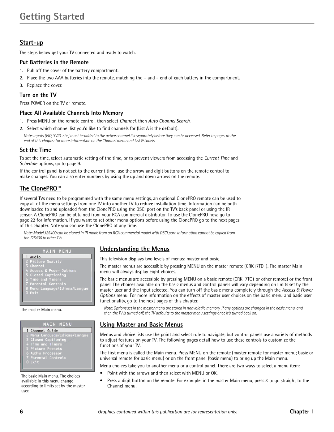 RCA J20542 manual Start-up, ClonePRO, Understanding the Menus, Using Master and Basic Menus 