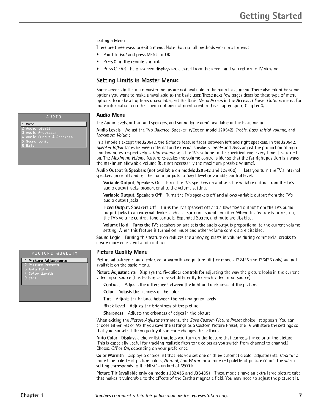 RCA J20542 manual Setting Limits in Master Menus, Audio Menu, Picture Quality Menu 