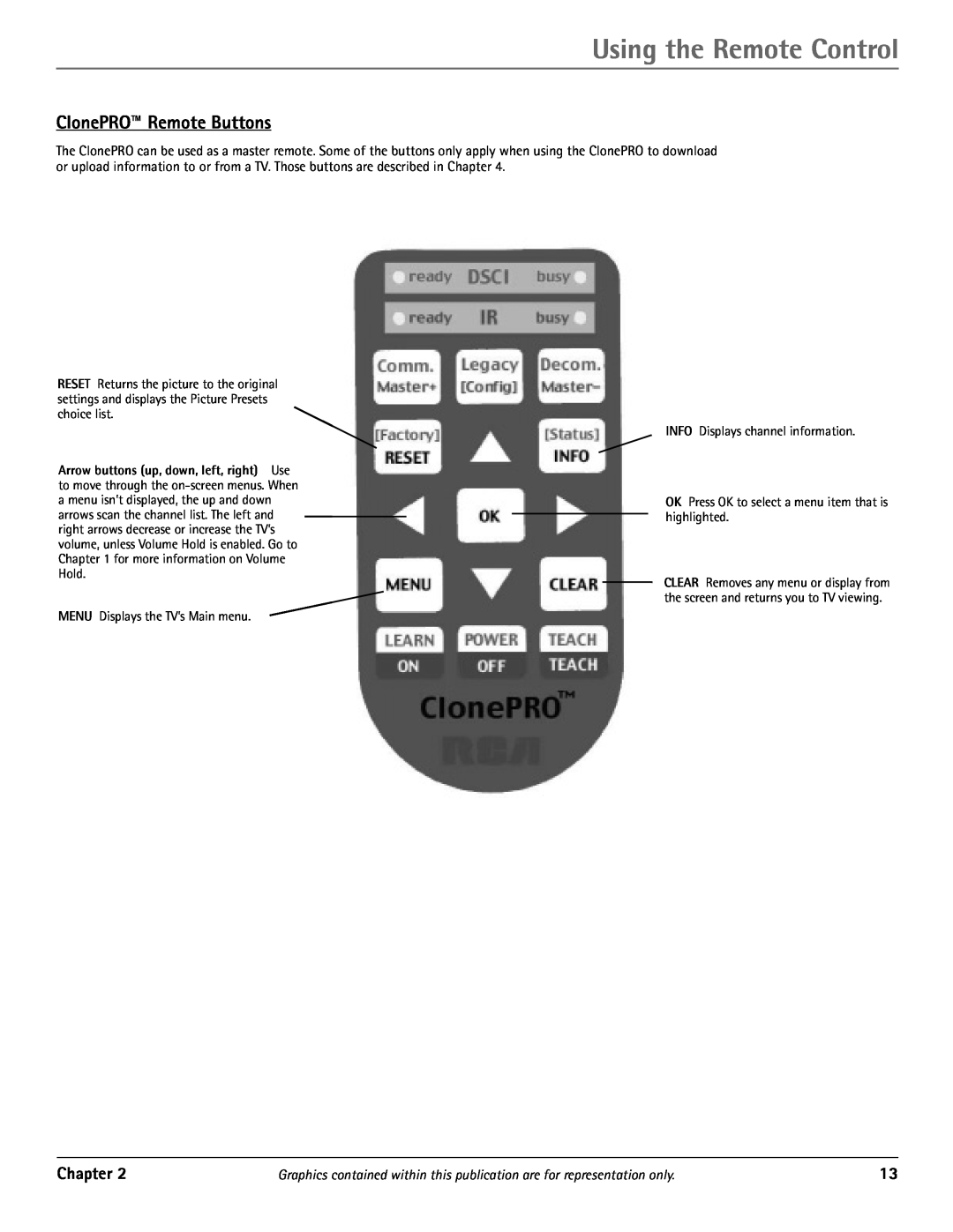 RCA J20542 manual ClonePRO Remote Buttons, Using the Remote Control, Chapter 