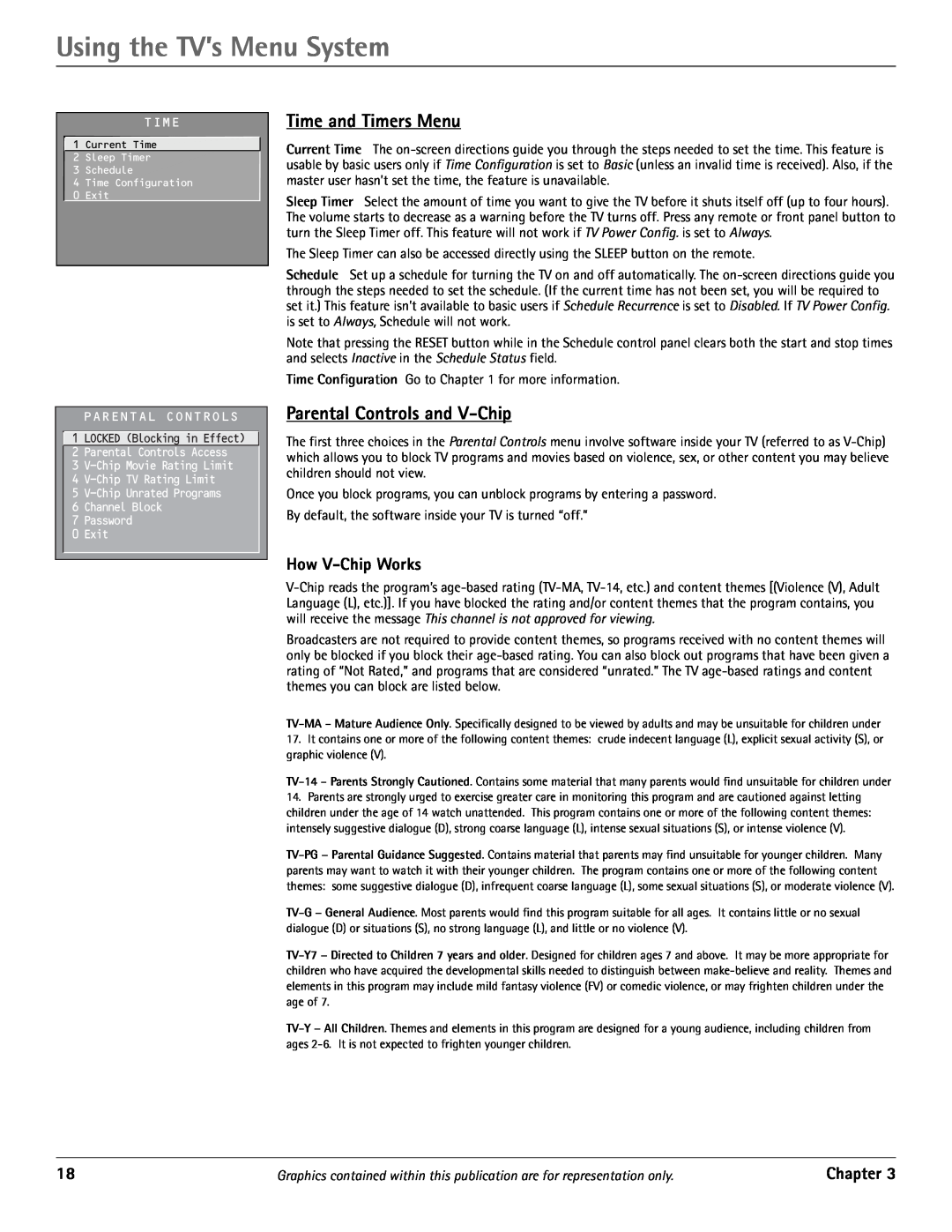 RCA J20542 manual Time and Timers Menu, Parental Controls and V-Chip, How V-Chip Works, Using the TV’s Menu System, Chapter 