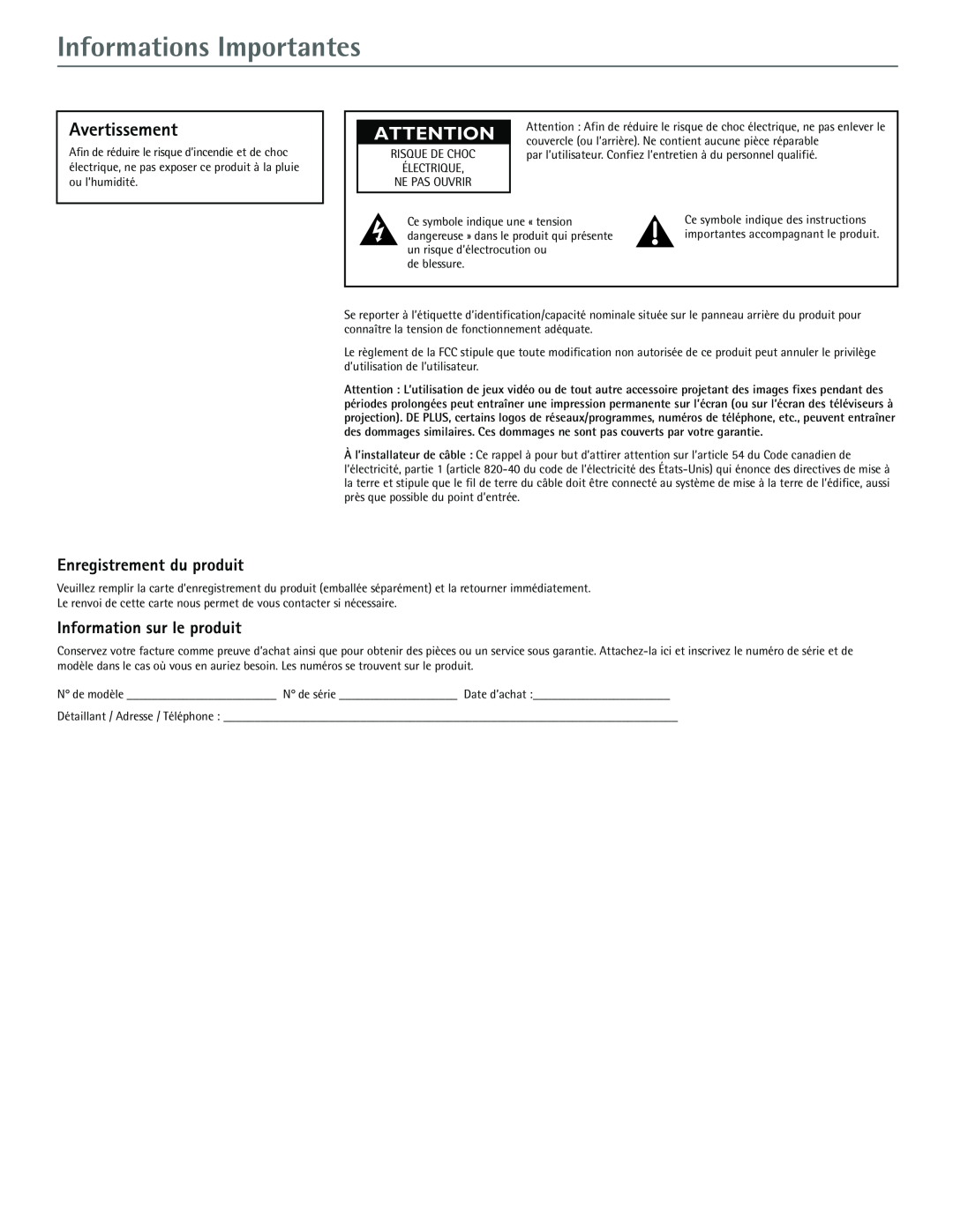 RCA J20542 manual Informations Importantes, Avertissement, Enregistrement du produit, Information sur le produit 