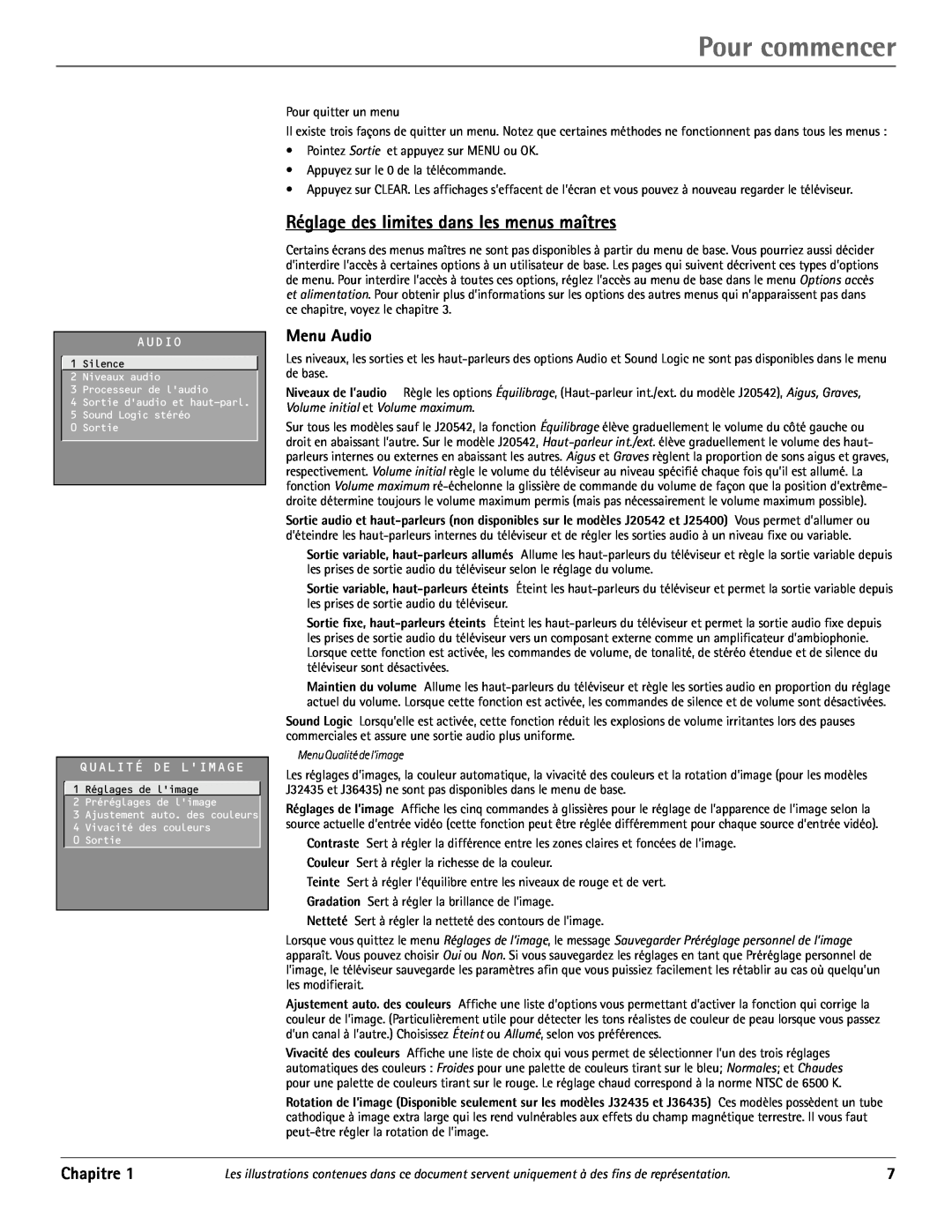 RCA J20542 manual Réglage des limites dans les menus maîtres, Menu Audio, Pour commencer, Chapitre, Qualité De Limage 