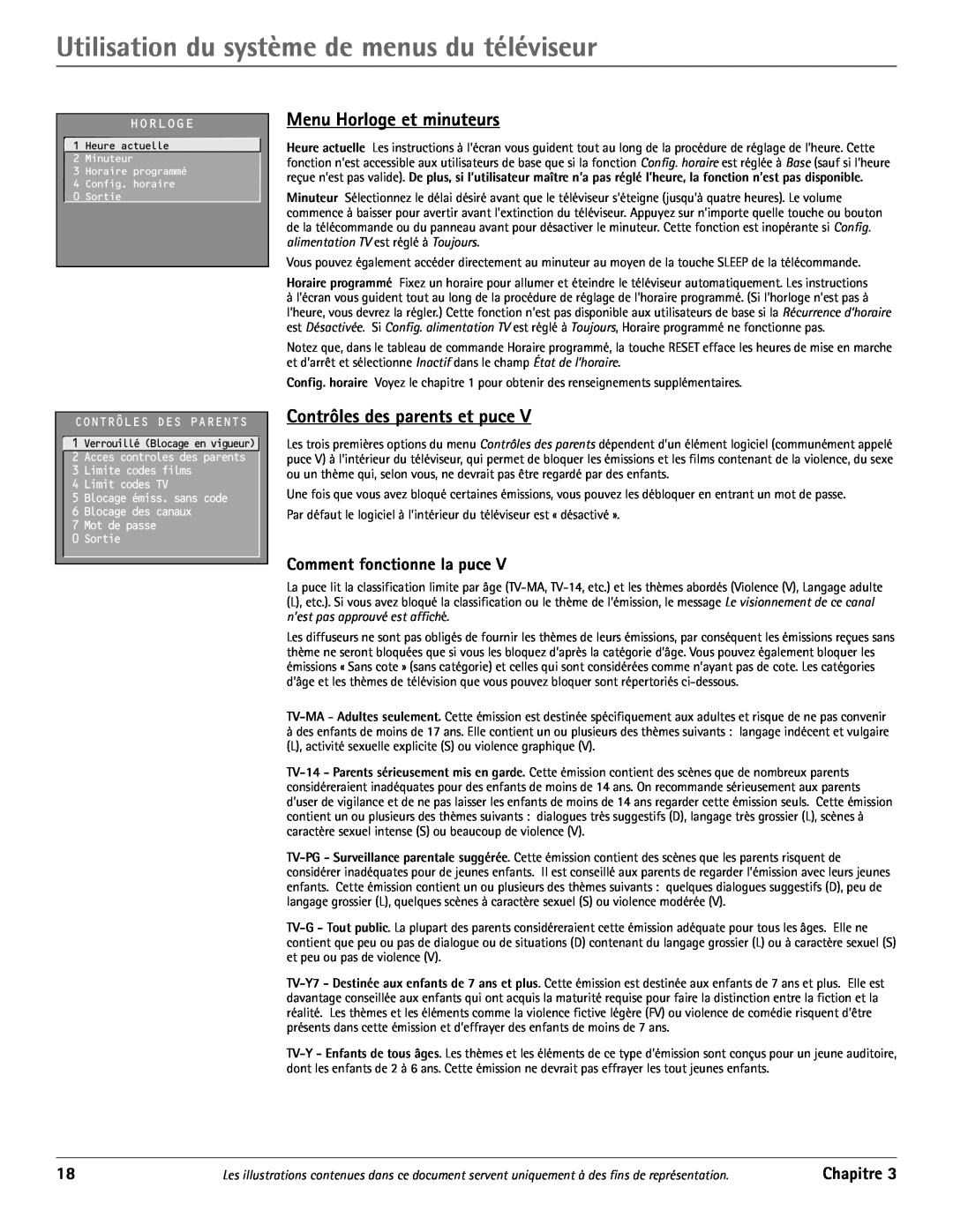RCA J20542 manual Utilisation du systme de menus du tŽlŽviseur, Menu Horloge et minuteurs, Contrôles des parents et puce 