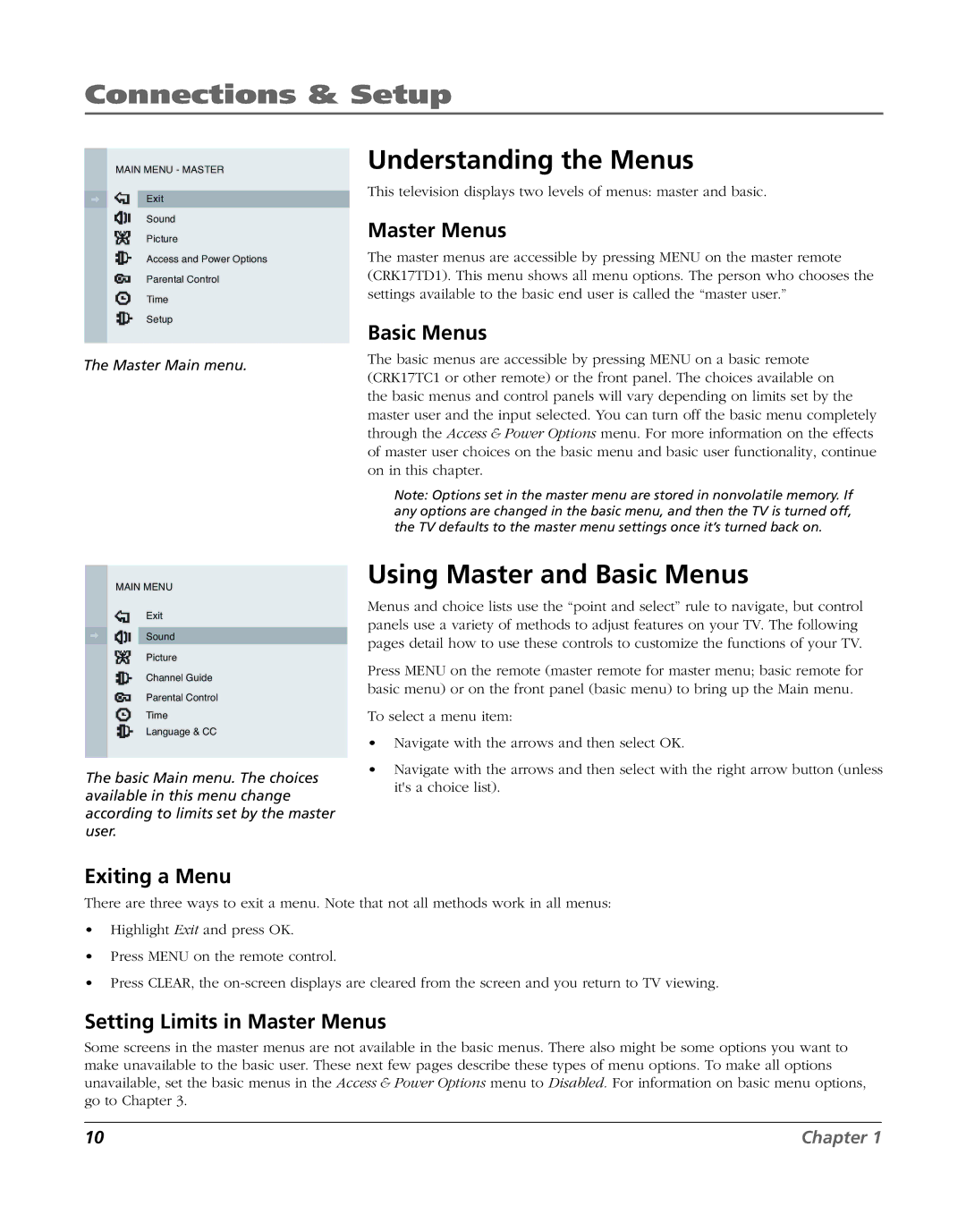 RCA J20F635 manual Understanding the Menus, Using Master and Basic Menus 