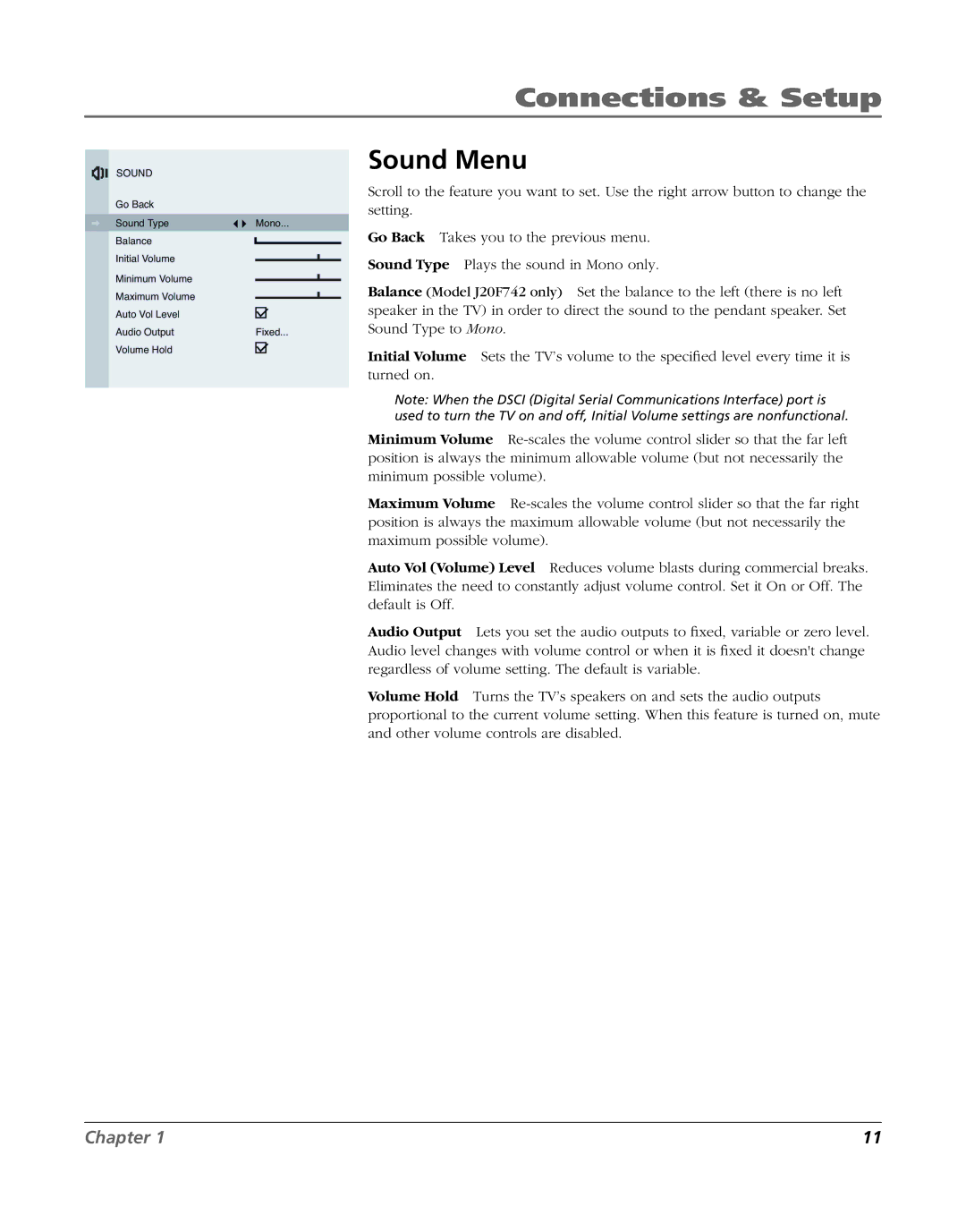 RCA J20F635 manual Sound Menu 