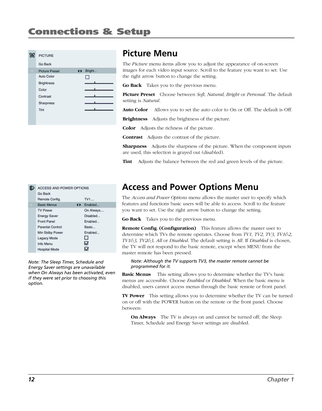 RCA J20F635 manual Picture Menu, Access and Power Options Menu 