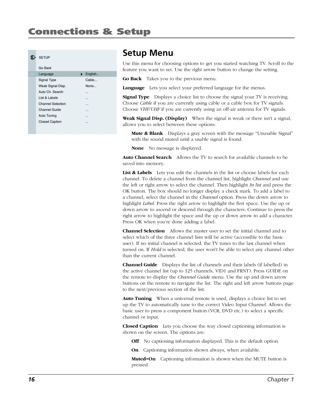 RCA J20F635 manual Setup Menu 