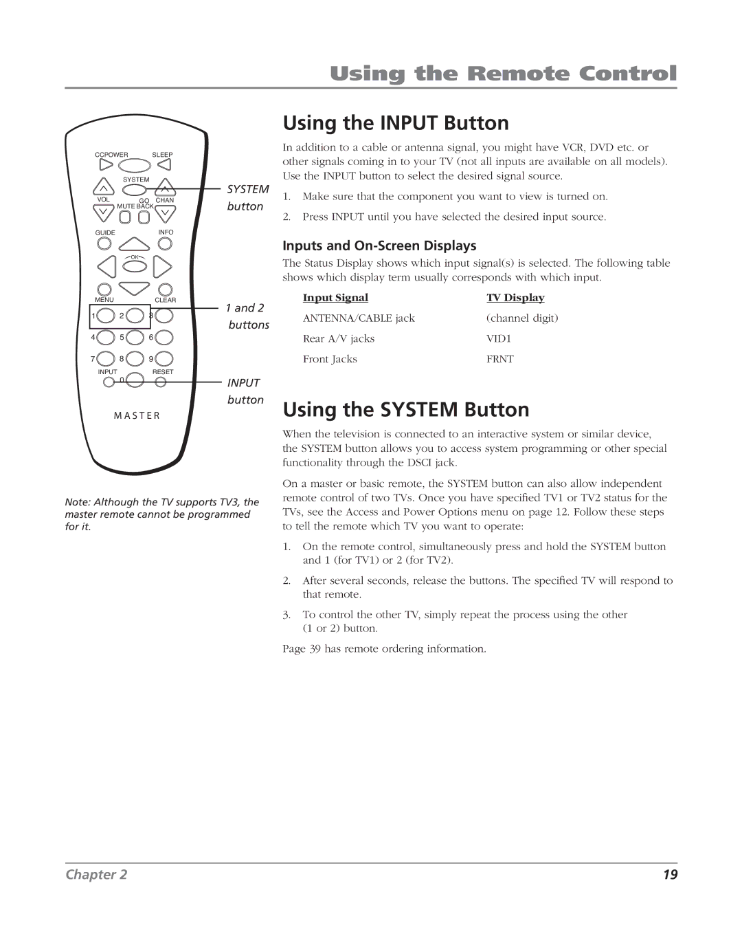 RCA J20F635 manual Using the Input Button, Using the System Button, Inputs and On-Screen Displays 