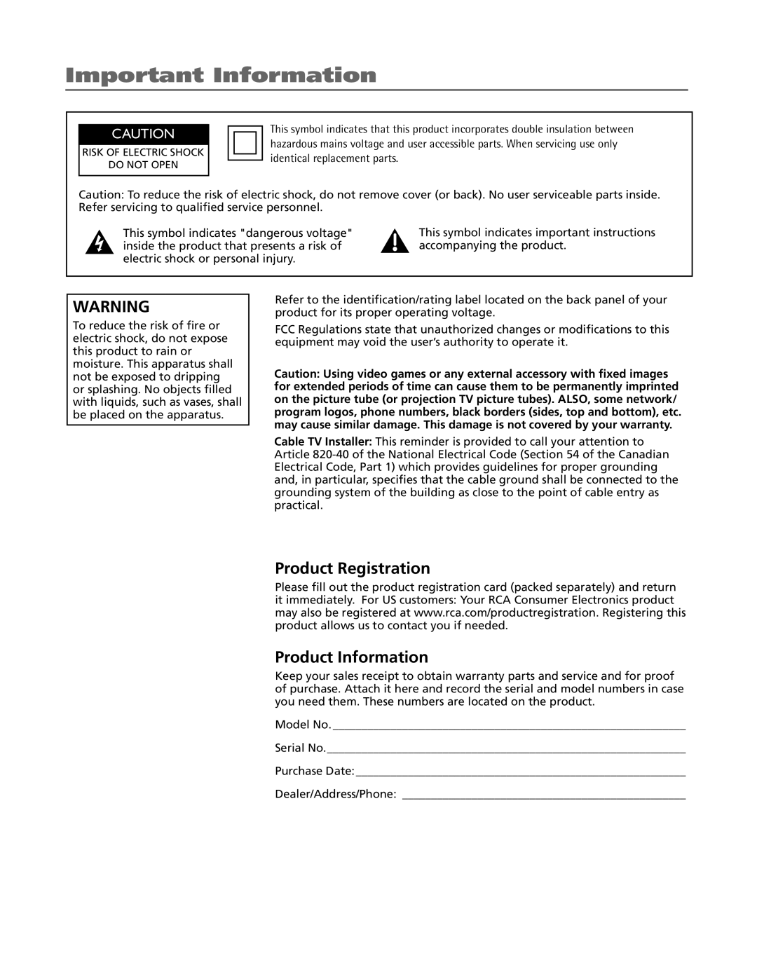 RCA J20F635 manual Important Information, Product Registration Product Information 