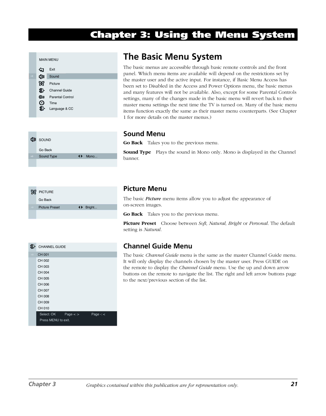 RCA J20F635 manual Basic Menu System, Sound Menu, Picture Menu, Channel Guide Menu 