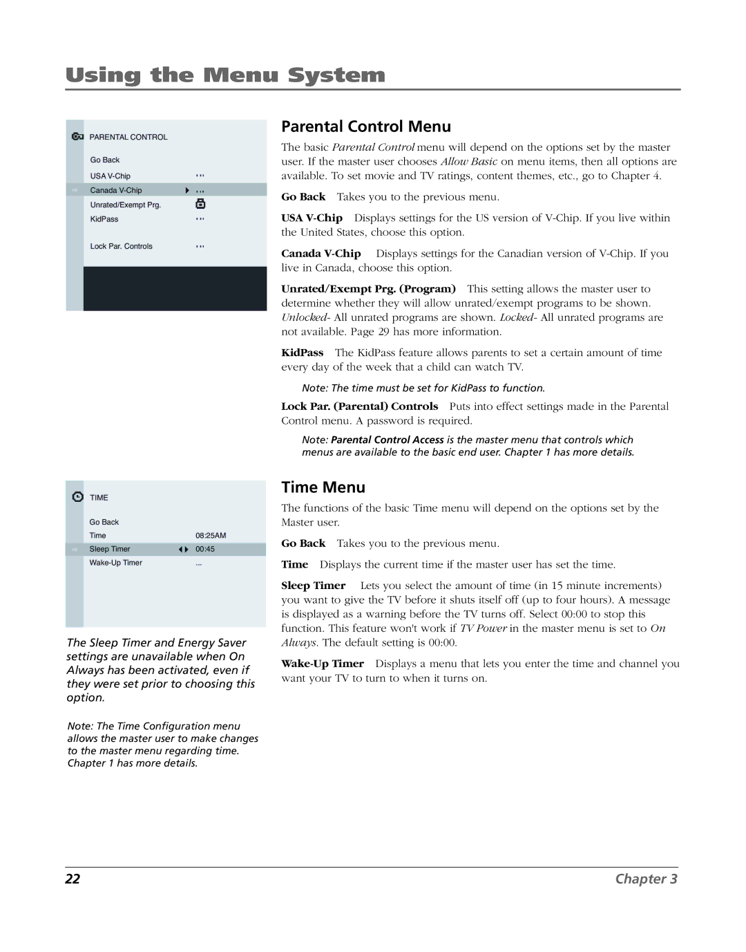 RCA J20F635 manual Using the Menu System, Parental Control Menu, Time Menu 