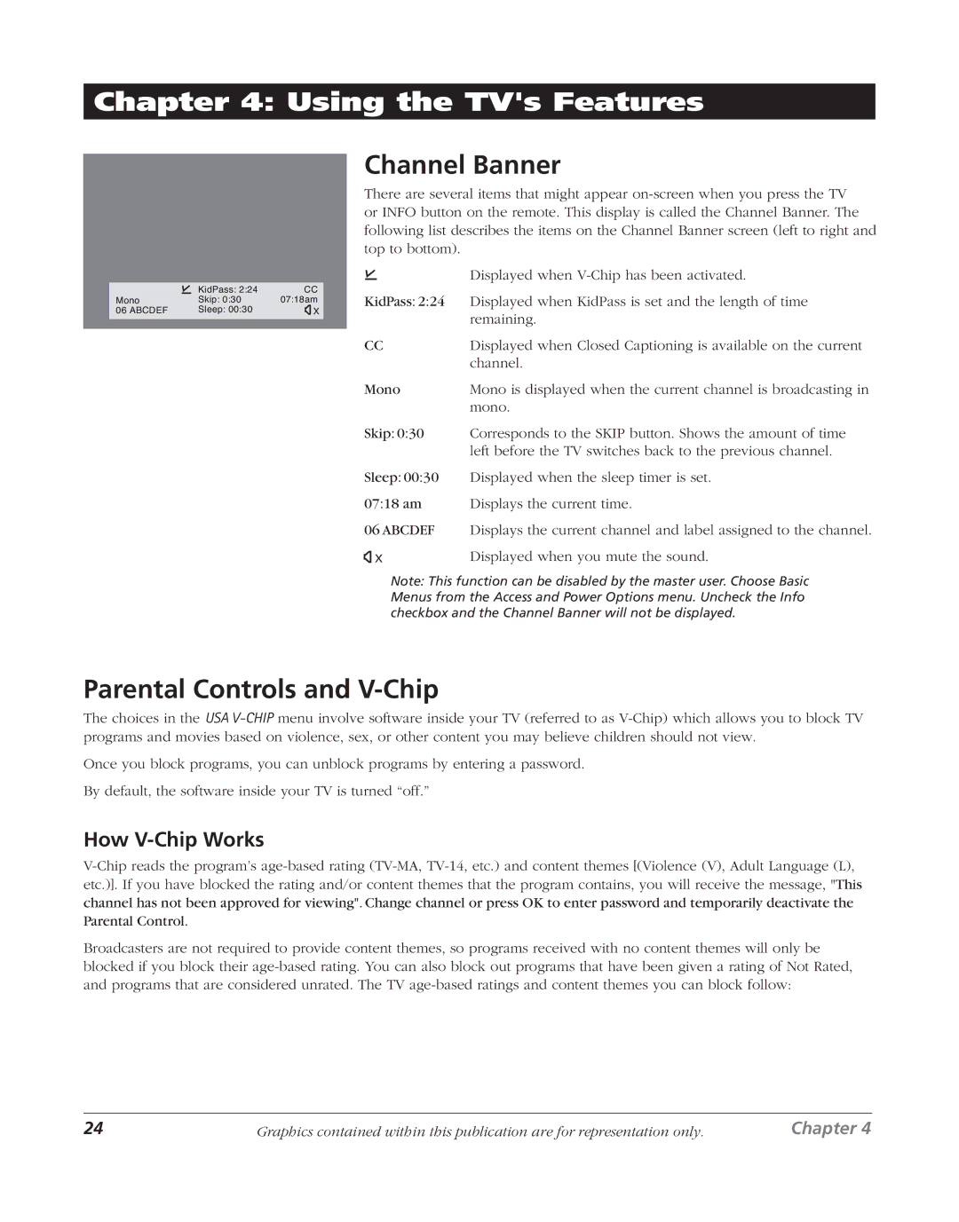 RCA J20F635 manual Channel Banner, Parental Controls and V-Chip, How V-Chip Works 