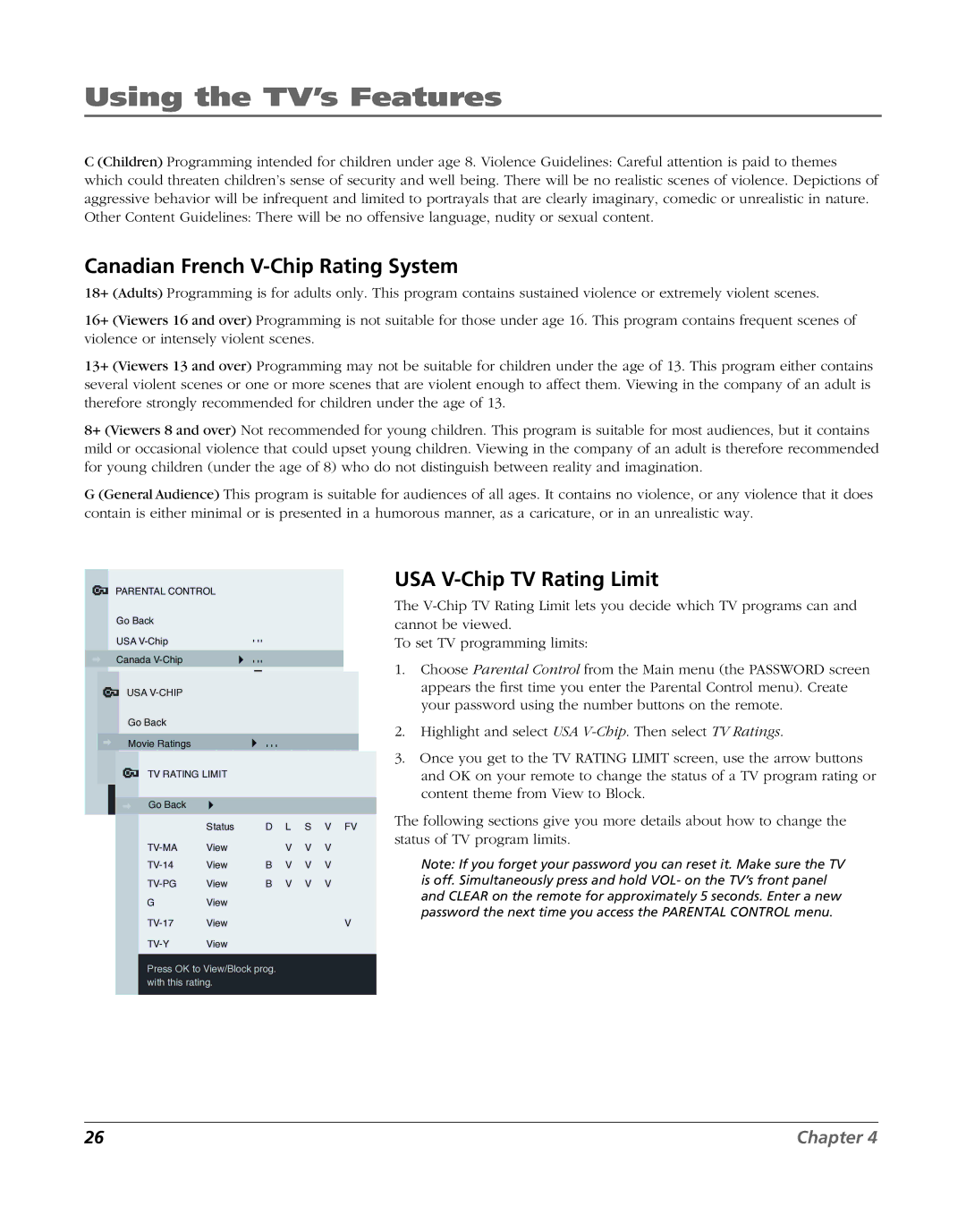 RCA J20F635 manual Canadian French V-Chip Rating System, USA V-Chip TV Rating Limit 