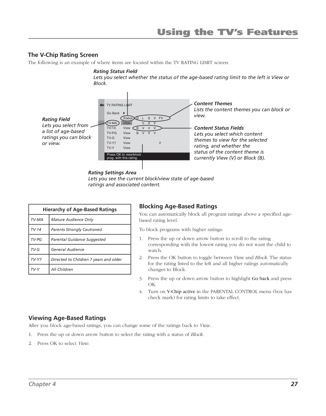 RCA J20F635 manual V-Chip Rating Screen, Blocking Age-Based Ratings, Viewing Age-Based Ratings 
