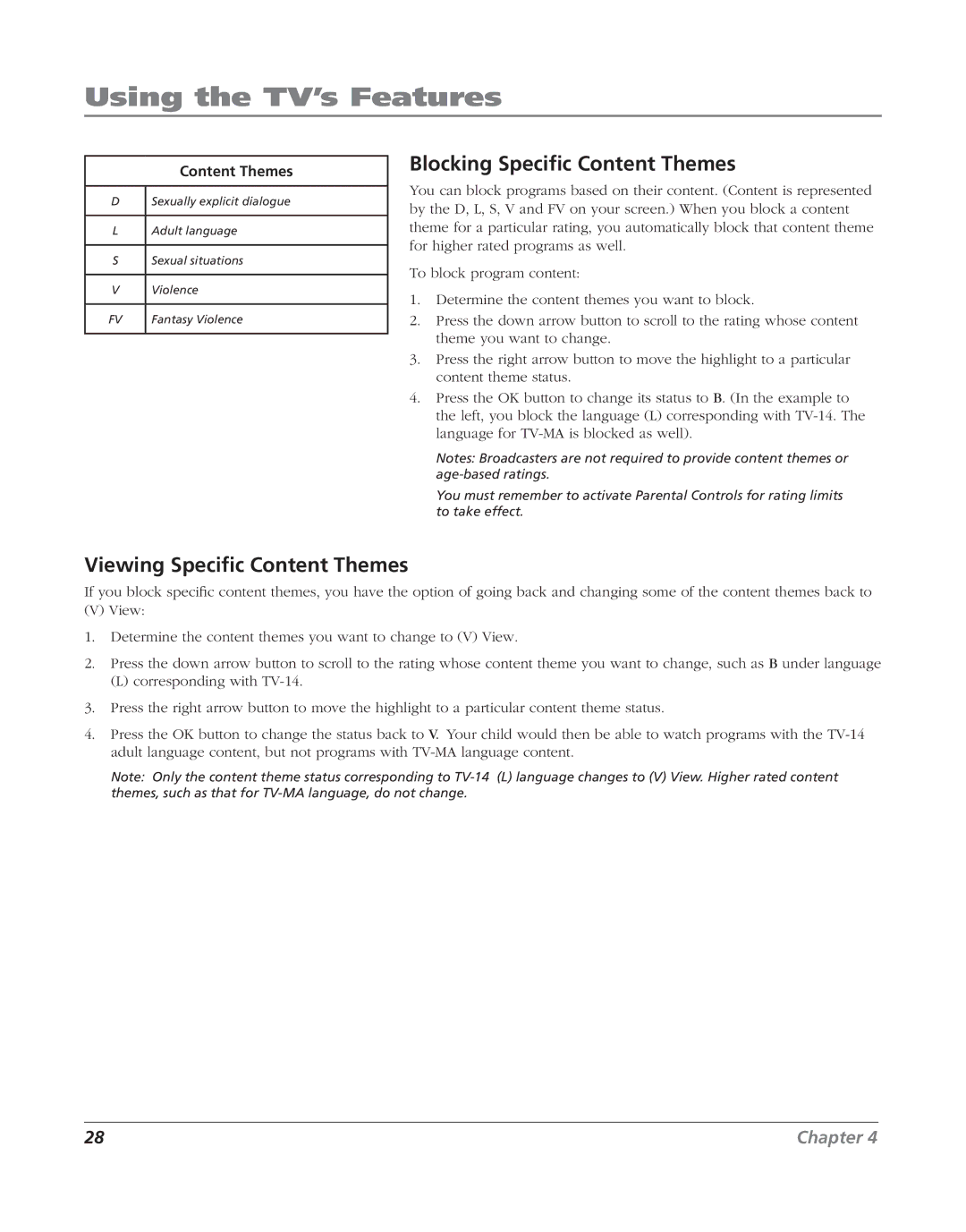 RCA J20F635 manual Blocking Speciﬁc Content Themes, Viewing Speciﬁc Content Themes 