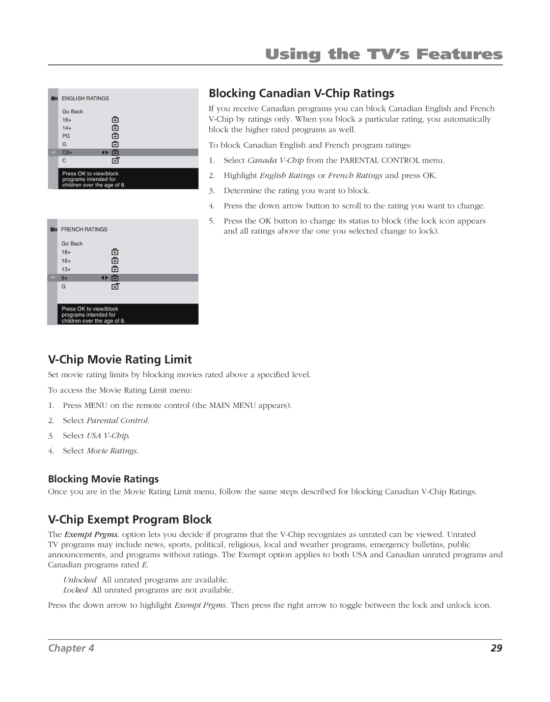 RCA J20F635 Blocking Canadian V-Chip Ratings, Chip Movie Rating Limit, Chip Exempt Program Block, Blocking Movie Ratings 