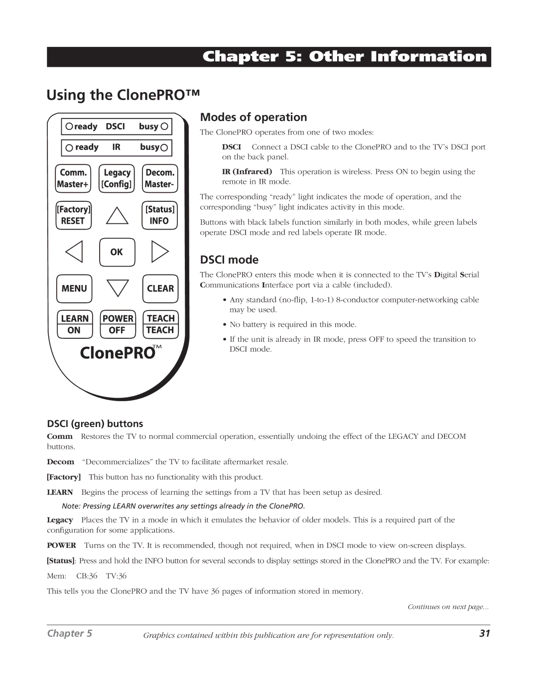 RCA J20F635 manual Using the ClonePRO, Modes of operation, Dsci mode, Dsci green buttons 