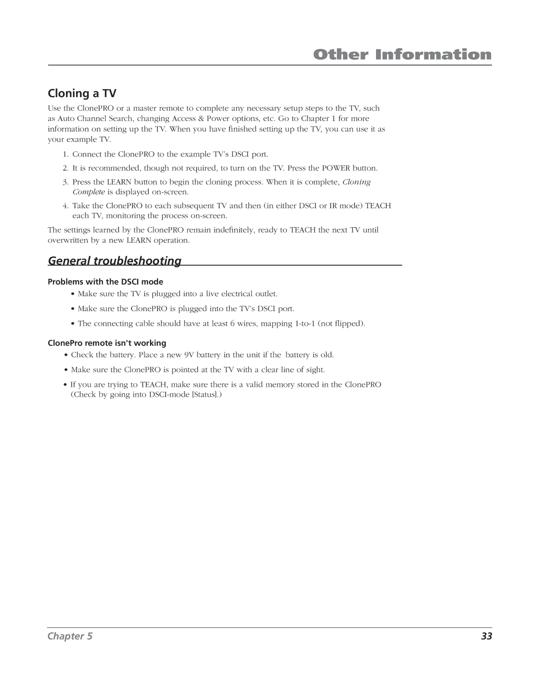 RCA J20F635 manual Cloning a TV, General troubleshooting 