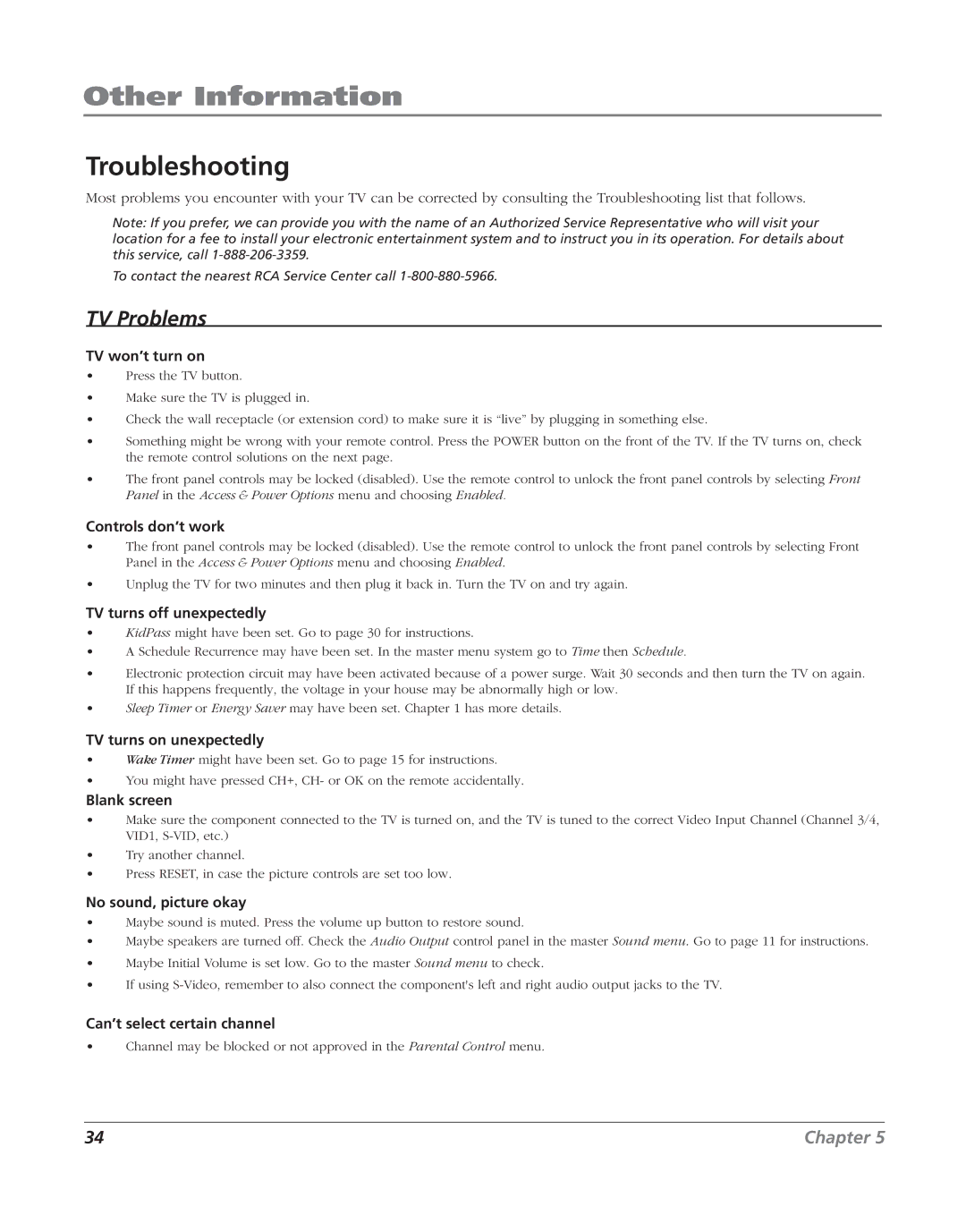 RCA J20F635 manual Troubleshooting, TV Problems 