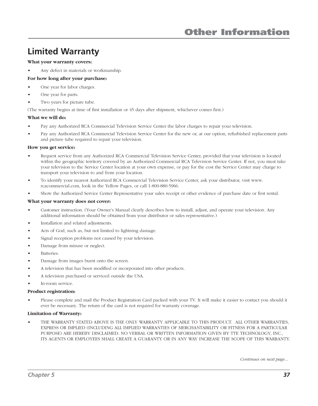 RCA J20F635 manual Limited Warranty, For how long after your purchase 