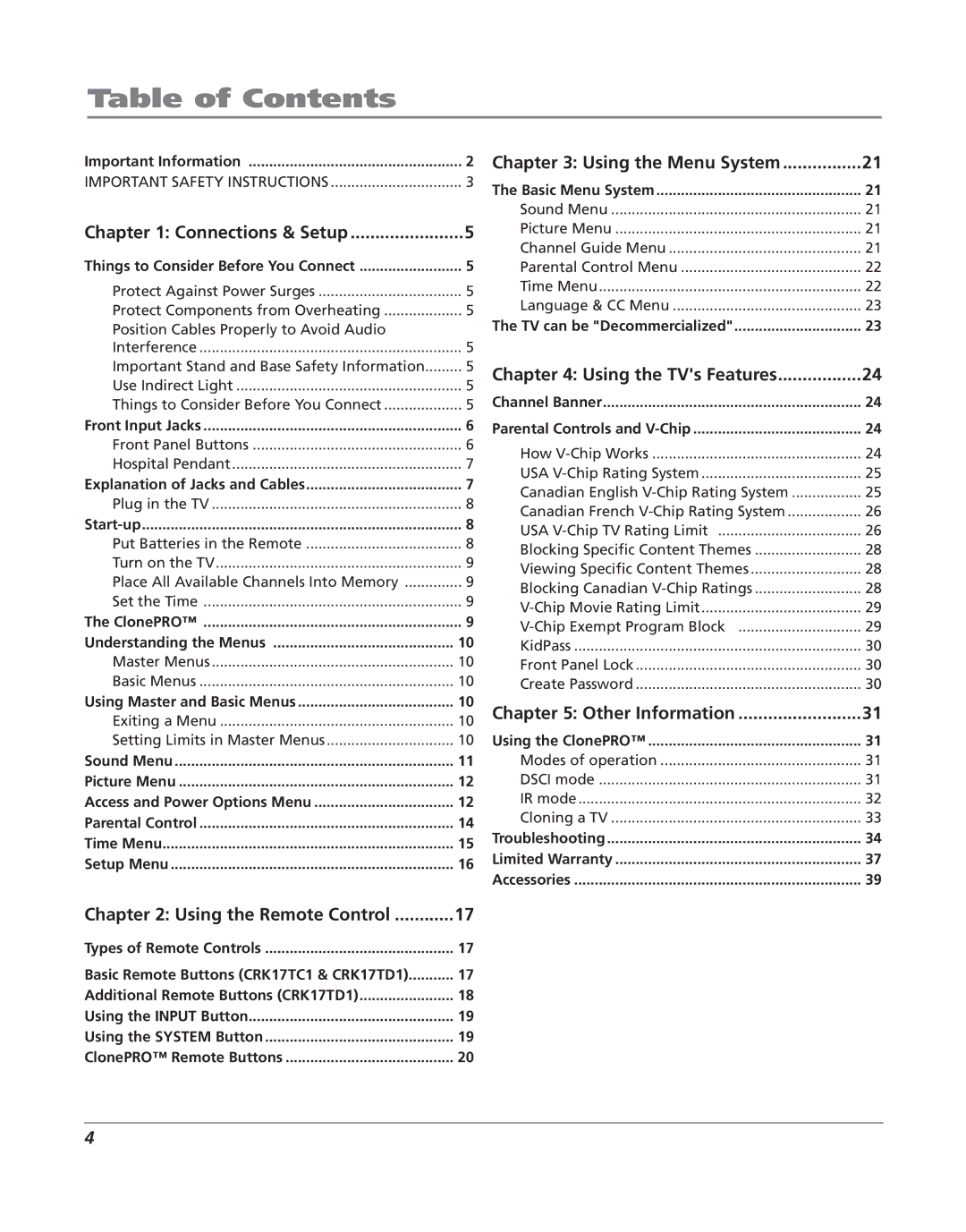 RCA J20F635 manual Table of Contents 