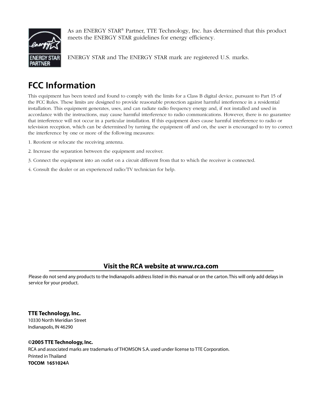 RCA J20F635 manual FCC Information, TTE Technology, Inc 