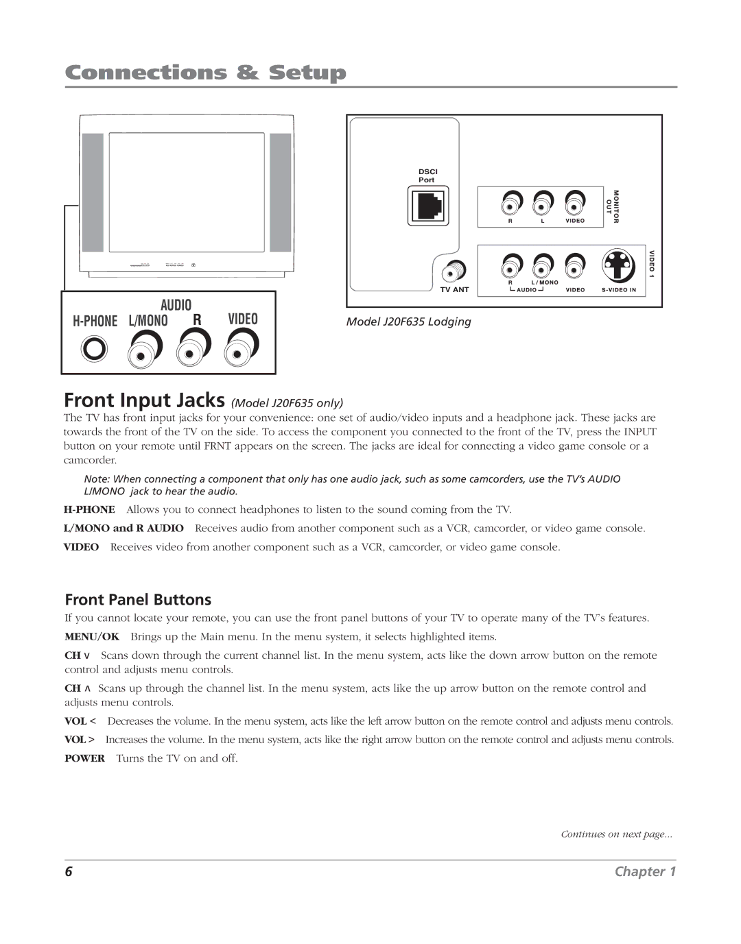 RCA J20F635 manual Connections & Setup, Front Panel Buttons 